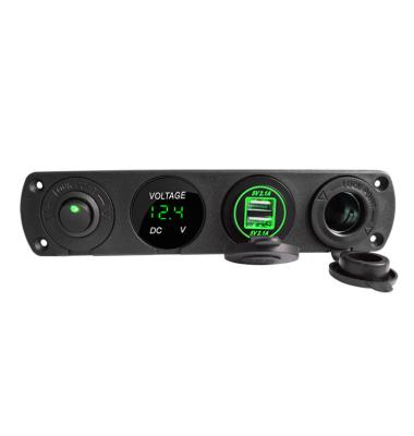 China Multifunction Panel 12V Dual Port DC 4.2A USB Socket +Digital Voltmeter + ON Switch +Cigarette Lighter Socket On Four Hole Mounting Panel for sale