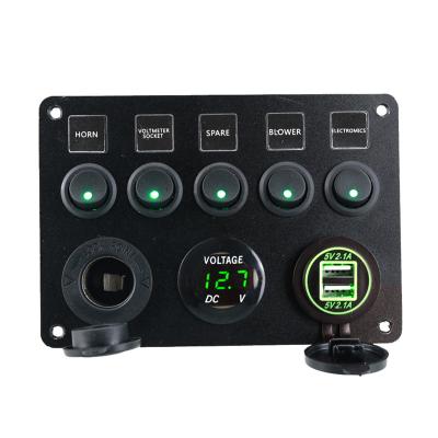 China 12V 24V DC Switch Panel 4.2A USB Charger and Multifunctional Voltmeter and Socket on Panel with 5 Switches for sale