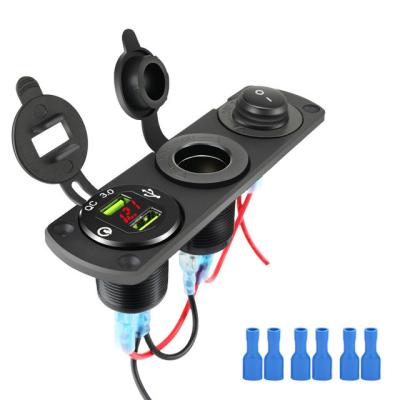 China Multifunction 12V Panel Dual QC3.0 USB DC Socket +Digital Voltmeter + ON Switch +Cigarette Lighter Socket On Four Hole Mounting Panel for sale