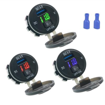 China Round Single Port DC 12V 24V Usb QC3.0 Battery Voltmeter Voltmeter With Power Off On Switch For Car Motorcycle Boat for sale