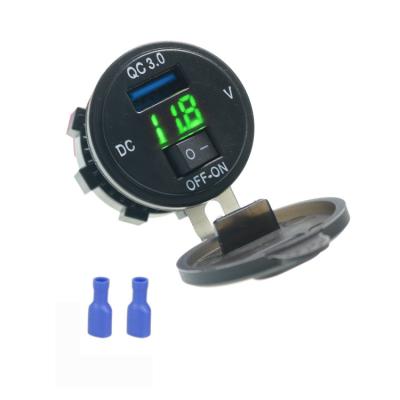 China Round Single Volt Meter QC3.0 USB Car Charger Socket With Digital Voltmeter And ON Switch For Car Marine Truck for sale