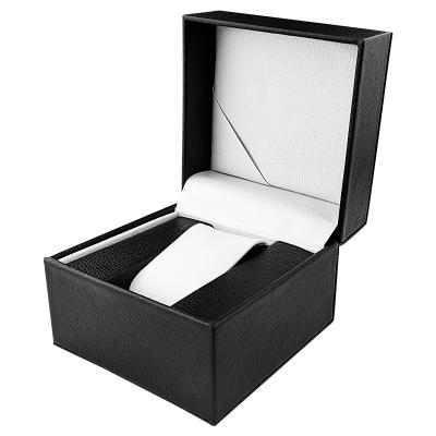 China Custom Made High Quality Black Leather Handmade Paper Packaging Cheap PU Single Logo Watch Box With Pillow for sale