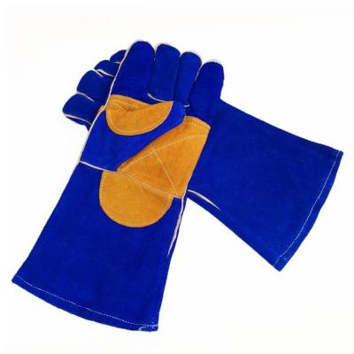 China Wholesale 35Cm Anti-Cut Men Reinforced Palm Cowhide Heat Anti Split Hand Industrial Blue Leather Welding Gloves EN388 for sale