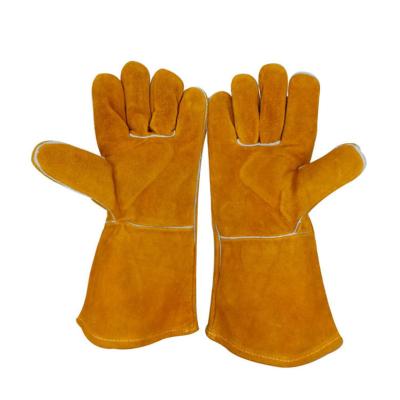 China Custom Yellow 14 Inch Cowhide Heat Resistant Cow Split Hand Leather Insulated Welding Gloves Leather Argon Welding Glove for sale