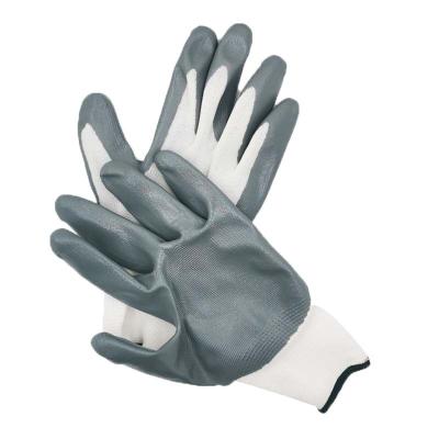 China Custom Anti-oil Logo White Gray Polyester Nylon Dipped Smooth Nitrile Palm Coated Construction Work Gloves 13G Manufacturer for sale