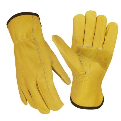 China Anti-heat Cow Goat Sheep Pig Grain Skin Keystone Thumb Rigger Gloves Safety Industrial Yellow Leather Cowhide Driver Work Gloves for sale