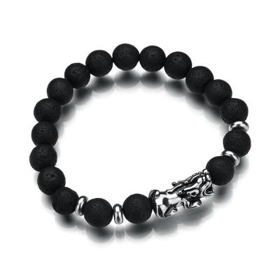 China Wholesale CLASSIC Lava Stone Aroma Jewelry with Stainless Steel Chinese Lion Lucky PiXiu Charm Hand Mens Bracelets ZCS061 for sale