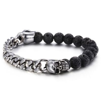 China Wholesale Custom Religious Lava Stone Skull Beads Men Volcanic Bracelet With Stainless Steel Design Chain Jewelry for sale