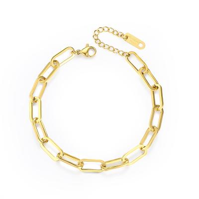 China Wholesale CLASSIC Flat Rectangle Custom Geometric Stainless Steel Chain 14K 18K Gold Plated Paper Clip Link Chain Bracelet for sale