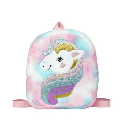 China Cotton New embroidered unicorn cartoon plush shoulders backpack large capacity girls shoulder bag kindergarten cute schoolbag for sale