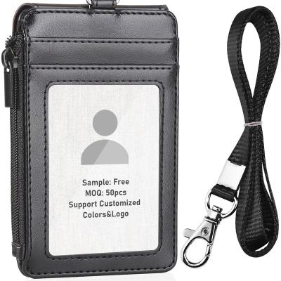 China Fashion High Quality Custom PU Leather badge holder with Zip Pocket Name ID Card Holder Vertical Horizontal with lanyard  for Women &men for sale