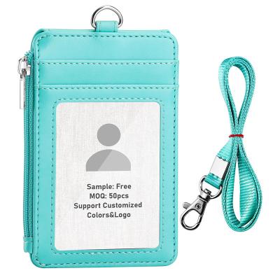 China Fashion Custom PU Leather badge holder Name ID Card Holder Vertical Horizontal with lanyard  for Women &men Office Staffs Doctor for sale