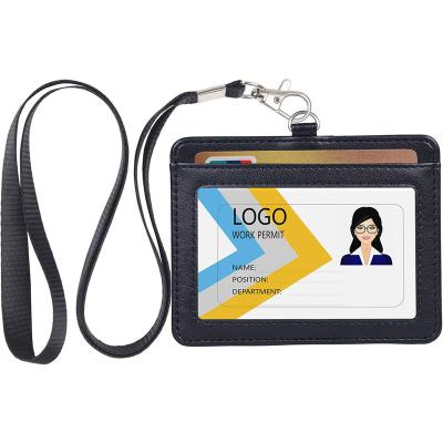 China Fashion High Quality Custom PU Leather badge holder Name ID Card Holder Horizontal with lanyard  for Women &men for sale