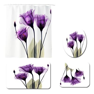 China Sustainable Wholesale Purple Flower Print Custom Bathroom Rug Set With Shower Curtain for sale