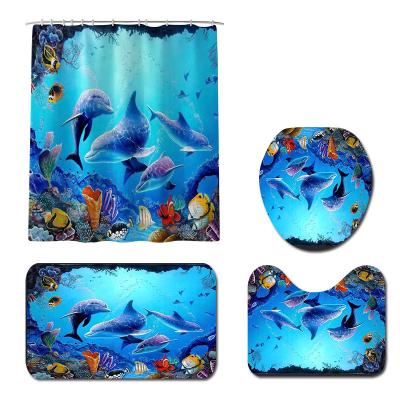 China Sustainable Hot Selling Custom Dolphin Print Bathroom Carpet Set With Shower Curtain for sale