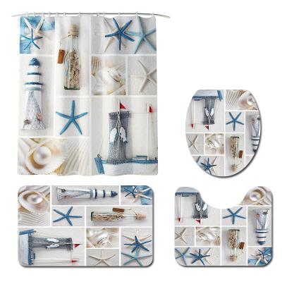 China Sustainable Modern Coastal Starfish Shells Bathroom Shower Curtain for sale