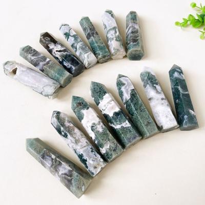 China Europe High Quality Natural Green Moss Agate Point Tower For Meditation Decoration for sale