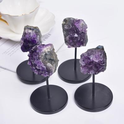 China Europe Natural Irregular Gemstone Mineral Purple Amethyst Cluster Ornament Amethyst Geode Specimen Stone With Holder for Decoration for sale