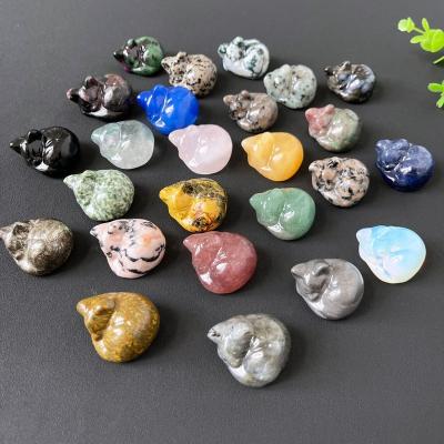 China Europe Semi-precious Stone Crafts Crystal Quartz Sleeping Cat Carving Crystal Crafts Moss Agate Fluorite Engraved Crystal Cat for sale