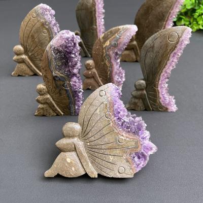 China Europe Wholesale Bulk Semi-precious Stone Crafts Amethyst Cluster Butterfly Fairy For Souvenir Gifts for sale