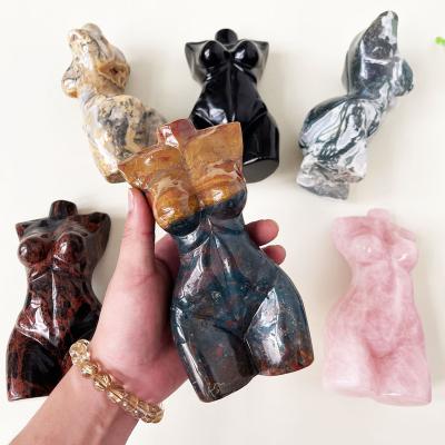 China Europe Hand Carved Semi-precious Stone Crafts Big Crystal Female Body Carving Large Goddess Body Crazy Lace Agate Sculpture Rose Quartz for sale