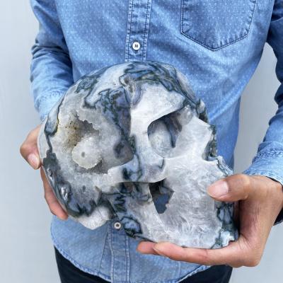 China Europe Hand Carved Geode Skulls Big Druzy Moss Agate Geode Skulls For Healing Meditation for sale