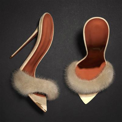 China 2021 Luxury Anti-slippery Mink Fur Spike Women Ladies High Heels Sandals Slipper Mules Shoes 2021 for sale