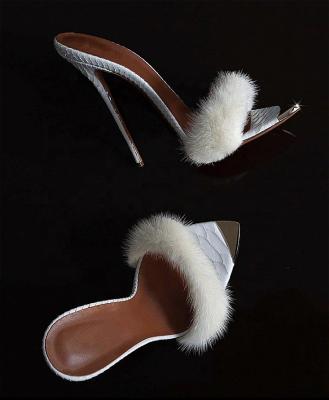 China Real Anti-Slippery Luxury Snow White Mink Fur Spike Ladies Women Dating Fashion Sandals 2021 High Heels Shoes Hot Sale Slipper Mules Shoes for sale