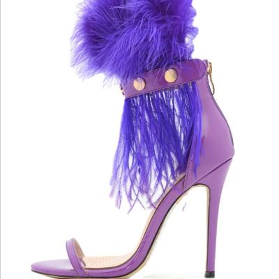 China Fashion Trend Color High Heel Women Sandals Purple Shoes With Real Fur Real Fur Patch One Shoe Two Style Dating Dance Shoes For Ladies for sale