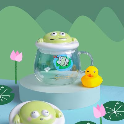 China Viable hot sales of cute creative glass cup little frog, children's milk breakfast juice glass water glass at home with lid and spoon for sale