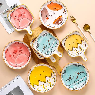 China Viable Creative Cute Cartoon With Handle Dish Restaurant Home Dish Breakfast Fruit Salad Ceramic Pasta Dish for sale