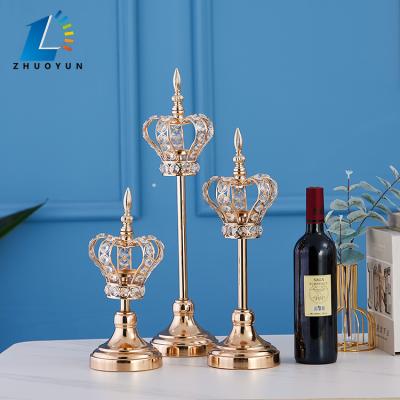 China Handmade Instock Gold Crown Wedding Decoration Table Centerpiece Glass-metal Candle Holder for sale