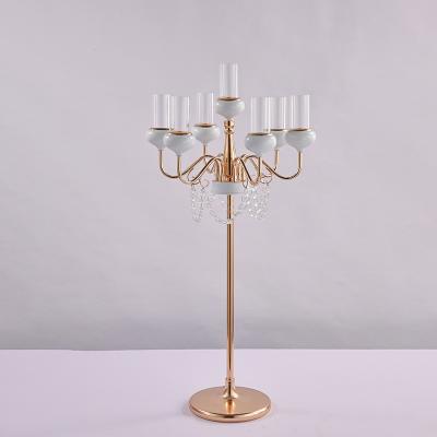 China New Wedding Tall Weddings Decoration Gold Metal Candelabra With Glass Chimney for sale