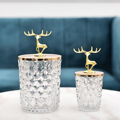 China Home restaurant hotel decoration North European and American style metal deer head crystal glass decoration candy storage box cheap food container glass jars for sale