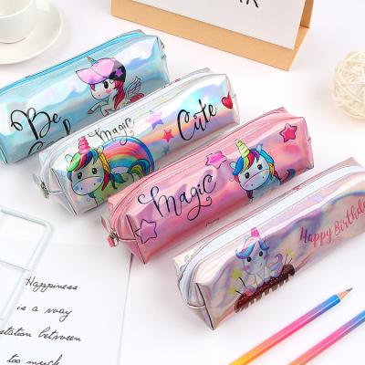 China Durable Student Large Capacity Waterproof Pen Box School Supply Stationery of Unicorn Pencil Case Holographic Laser Pen Bag For Girl Boys for sale