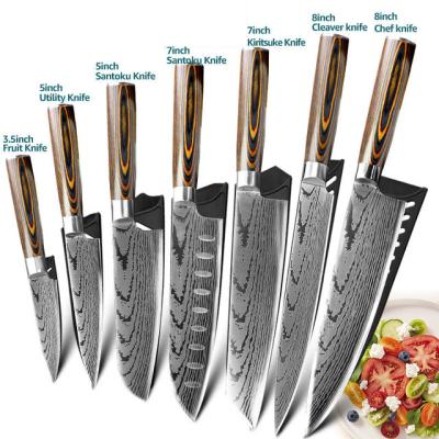 China Best Viable Complete Utensils Chef Cutlery Set Modern Wholesale Stainless Steel Damascus Pattern Kitchen Kni And Paring Tools for sale