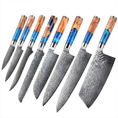 China Moq Chef's Knife VG10 67Layers Damascus Knife Viable Luxury Blue Handle Resin Steel Handmade Cooking Knife Sets for sale