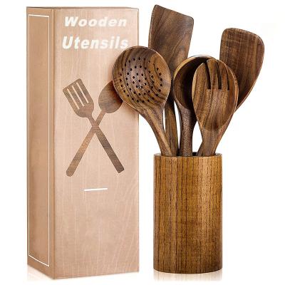 China Factory Stocked Wholesale Kitchen Household Cooking Tools Kitchen Utensils Set Natural Color Smooth Kitchen Tools Wooden Utensils for sale