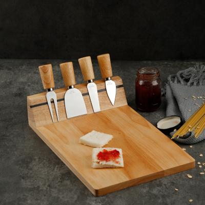 China Workable Tool 4pc Wooden Handle Kitchen Stainless Steel Multi Household Items 4 Cheese Knife Cutting Timber Cheese Board with Cutlery Set for sale