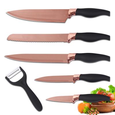 China Rose Gold Kitchen Knife Sustainable, Complete With Titanium Plating Knife Sets Six-Piece Set Packing 1000 Sets For Daily Kitchen Cutting for sale