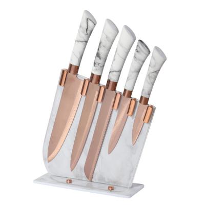 China 6 Viable in 1 Kitchen Knives with Rose Gold Plating Laserengraving Stainless Steel with Knife Block Knife Sets for sale