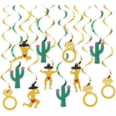 China Final Fiesta Bachelor Party Paper Decorations, 12Pcs Hanging Swirls with Cactus Man and Bridal Ring, Gold Mexico Glitter Bridal Showe for sale