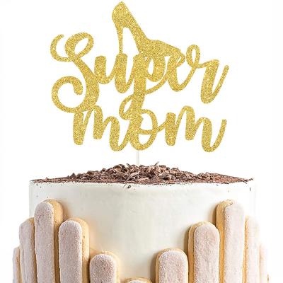 China PAPER+WOOD Gold Glitter Super Mum Cake Topper Decor for sale