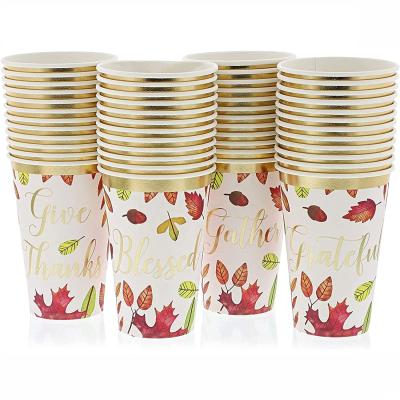 China Disposable Paper Thanksgiving Party Paper Cups, Autumn Leaf Design with Gold Foil (8 packs) for sale