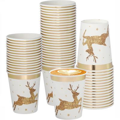 China Disposable Christmas PAPER cups (6 packs 7 oz). Paper in gold elk design with gold foil outline and star for holiday party supplies for sale