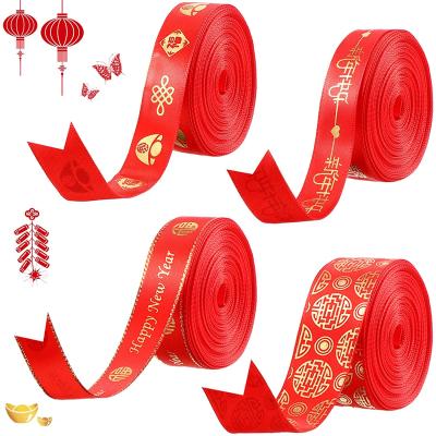 China Polyester 4 Rolls Chinese Decorative New Year Satin Ribbon Happy New Year Ribbon Ribbon 10 Yards Each Roll for sale