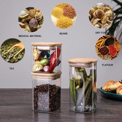 China High Borosilicate Freshness Preservation Thermostability Bpa Jar Glass Jar Square Free Glass Airtight Stackable Bamboo Lid With Silicon Sealed Ring for sale