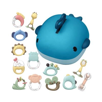 China Eco-friendly 13pcs Toys Grab and Spin Rattle Early Educational Infant Toys Baby Teether Ratchets Set with Whale Storage Box for sale