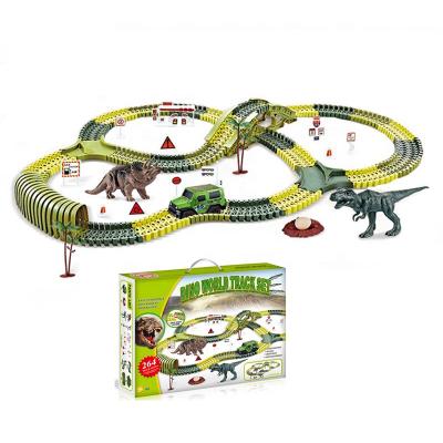 China Hot Sales 264 Pcs Dinosaur Track Set Toy Race Car Eco-friendly Material 264 Riding Soft Diy Dino Track Car Set Light Up Toys for sale