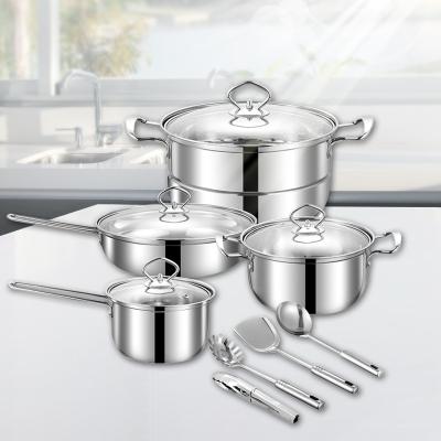 China 8 Pcs Viable Promotional Cookware Set Cooking Pot Set With Tongs Stainless Spatula Spaghetti Spoon Pouch for sale